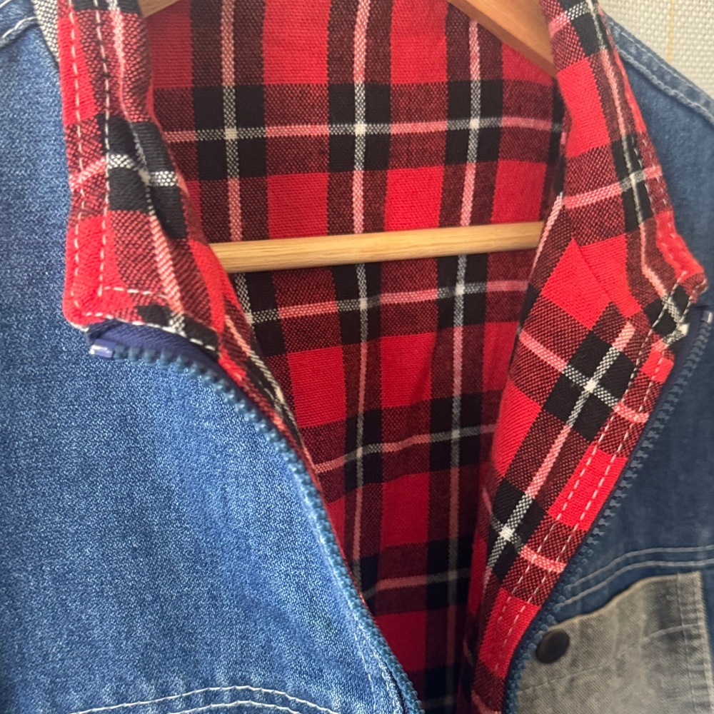 Reversible Denim Patchwork Jacket With Red Plaid … - image 2